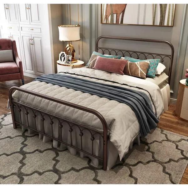TUSEER Metal Bed Frame Queen Size with Vintage Headboard and Footboard Platform Base Wrought Iron Double Bed Frame (Queen, Antique Brown)