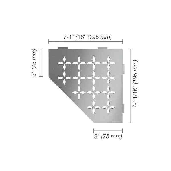 Schluter Pentagonal Corner Shelf for Tiled Walls - Floral Design, Stainless Steel Material, Brushed Stainless Steel Finish, 3/32” Thick Anchoring Tabs - SES2D5EB