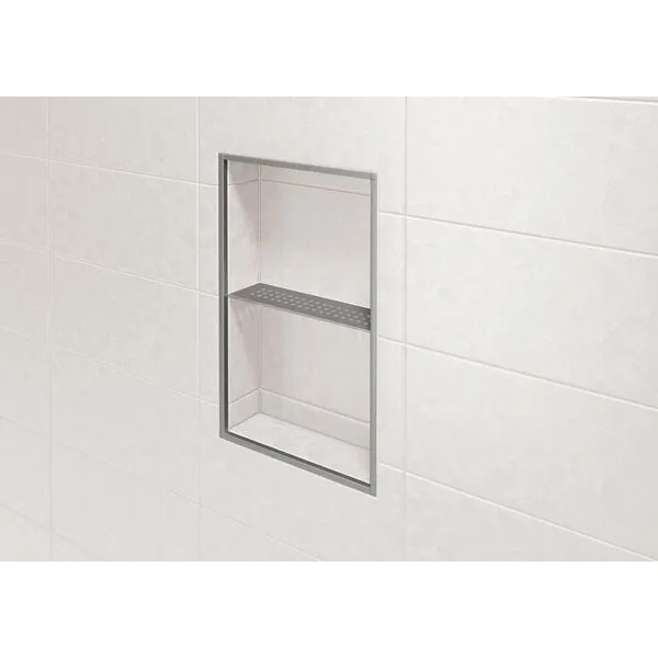 Schluter Rectangular Shelf for Prefabricated Kerdi Board SN/-SNLT Niches - 4mm Thick, Floral Design, Stainless Steel Material, Brushed Stainless Steel Finish - SNS1D5EB