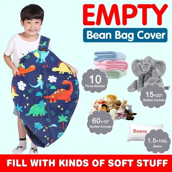 Lukeight Stuffed Animal Storage Bean Bag Chair Cover for Kids, Dinosaur Zipper Beanbag Chair Cover for Organizing Toddler and Kids\' Rooms Plush Toys (Dinosaur, Large)