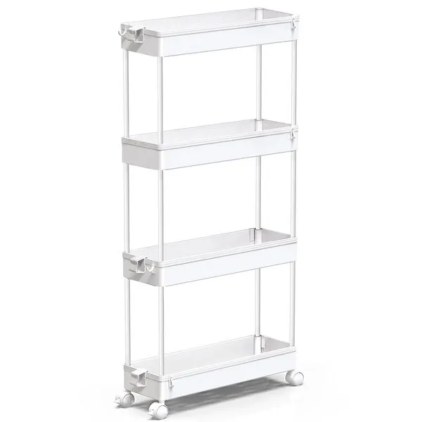 SPACEKEEPER Slim Rolling Storage Cart 4 Tier Bathroom Organizer Mobile Shelving Unit Utility Cart Tower Rack for Kitchen Laundry Narrow Places, White