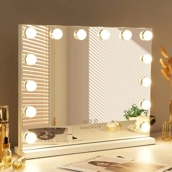 FENCHILIN Vanity Mirror with Lights Hollywood Lighted Makeup Mirror with 14 Dimmable LED Bulbs with 3 Colors Modes for Dressing Room & Bedroom(White)