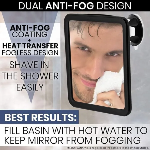 MIRRORVANA Fogless Shower Mirror for Shaving with Upgraded Suction, Dual Anti Fog Design, Shatterproof Surface & 360° Swivel, 8