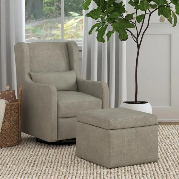 Carter\'s by DaVinci Adrian Swivel Glider with Storage Ottoman Performance Grey Linen, Water Repellent and Stain Resistant Fabric, Greenguard Gold & CertiPUR-US Certified