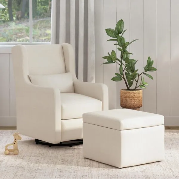 Carter's by DaVinci Adrian Swivel Glider with Storage Ottoman in Performance Cream Linen, Water Repellent and Stain Resistant, Greenguard Gold & CertiPUR-US Certified