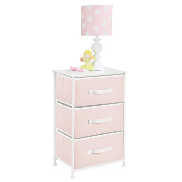 mDesign Storage Dresser End/Side Table Night Stand Tower Unit with 3 Removable Fabric Drawers - Organizer for Baby, Kid, and Teen Bedroom, Nursery, Playroom, or Dorm - Jane Collection, Pink/White