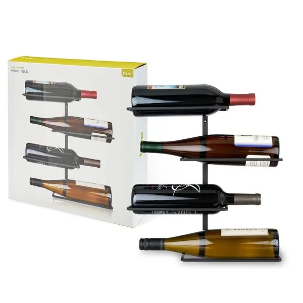 True Align Wall-Mounted Wine Rack, Black Wrought Iron, Minimalist Modern Wine Display, Alcohol Storage Solution, Holds Four Standard Wine Bottles, 14.75