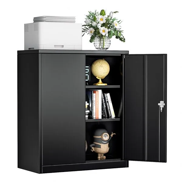 INTERGREAT Metal Storage Cabinet with Locking Doors, Lockable Cabinet with 2 Doors and Shelves, Black Cabinet with Lock, Small Steel Cabinet for Office, Garage, Home, Shop