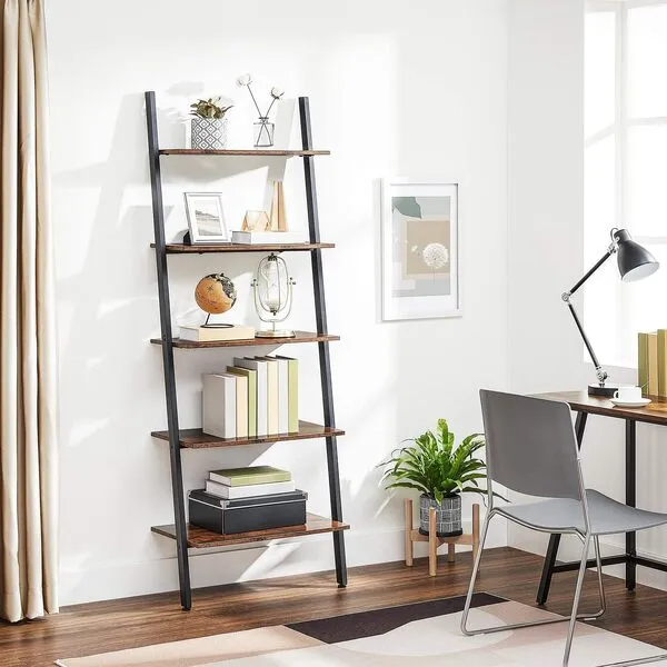 VASAGLE Ladder Shelf Leaning Shelf, 5-Tier Bookshelf Rack, for Living Room Kitchen Office, Stable Steel, Industrial, Rustic Brown and Black ULLS46BX