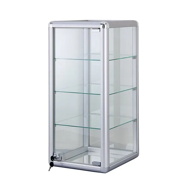 Only Hangers F-1302 Silver Showcase Elegant Silver Anodized Aluminum Vertical Display Case Table Top Tempered Glass Show Case. Tempered Glass Door with Key Lock- Four Shelves Display, 12