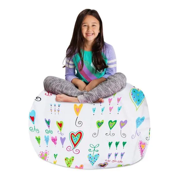 Posh Stuffable Kids Stuffed Animal Storage Bean Bag Chair Cover - Childrens Toy Organizer, Large-38 - Canvas Multi-Colored Hearts on White