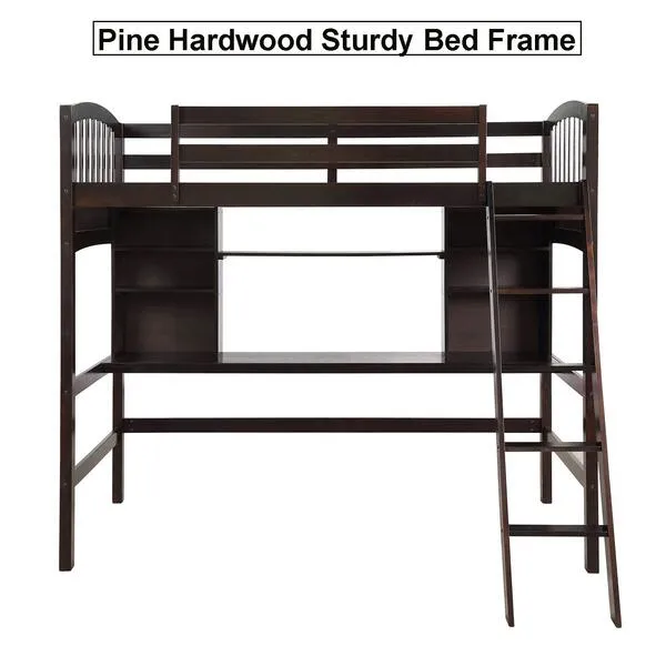JULYFOX Twin Loft Bed with Desk, Pine Wood Loft Bed Frame with Inclined Ladders Bookshelf 76 inch Long Writing Table No Box Spring Needed Espresso for Small Spaces