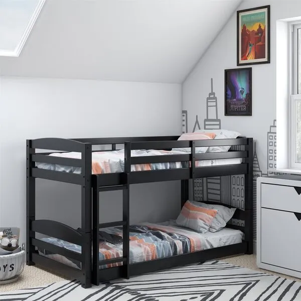 DHP Phoenix Convertible Low Wood Floor Bunk Bed, Stackable and Detachable Bed Frames for Kids, Solid Wood, with Ladder, High Guardrail, Wood Slats, No Boxspring Required, Twin-Over-Twin, Black