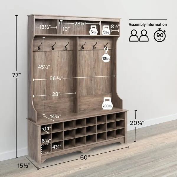 Prepac Drifted Gray Hall Tree with Bench and Shoe Storage, 60