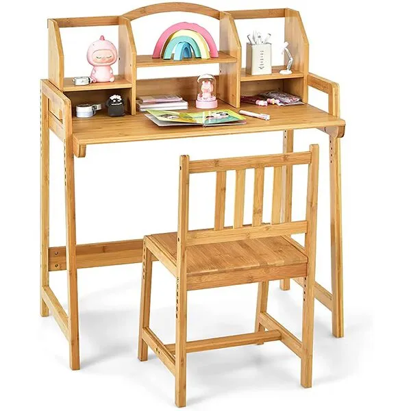 UNICOO - Bamboo Height Adjustable Kids Desk and Chair Set, Children Desk, Study Table and Chair Set (Nature -01)