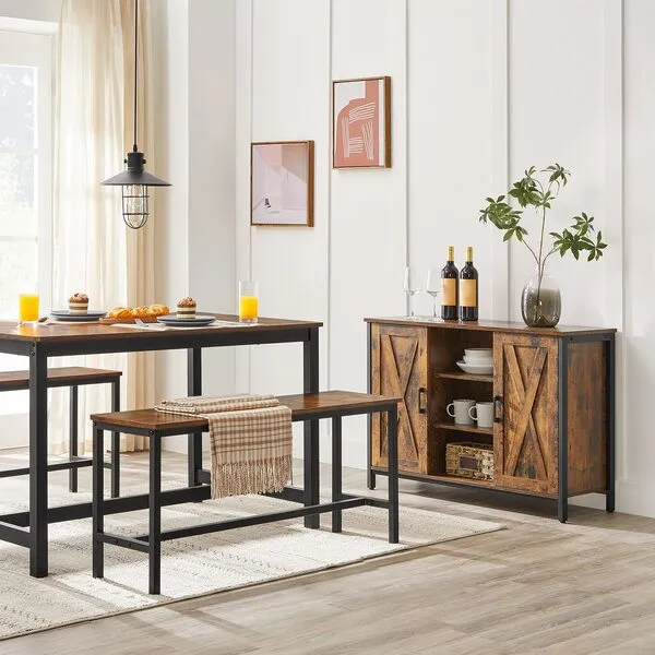 VASAGLE Dining Bench, Pair of 2, Industrial Style, Steel Frame, for Kitchen, Living Room, 12.8 x 42.5 x 19.7 Inches, Rustic Brown + Black，UKTB33X