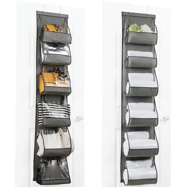 ZOBER Purse Organizer for Closet - Over The Door Purse Organizer W/ 6 Pockets for Easy Purse Storage - Durable Metal Hooks - Purse Rack W/Clear Pockets - Gray (2 Pack)