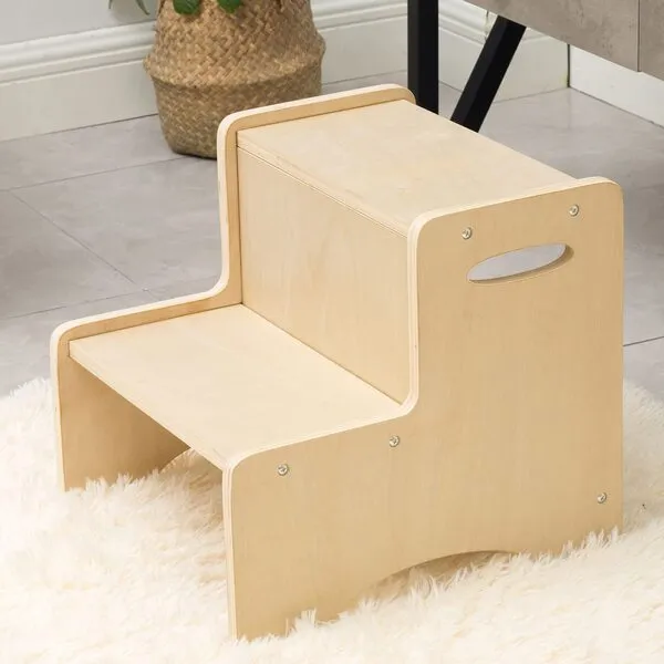 WOOD CITY Wooden Toddler Step Stool for Kids, Bathroom Potty Stool & Kitchen Stool, Natural Two Step Stool for Bedroom, Children\'s Stool with Handles and Safety Non-Slip Pads
