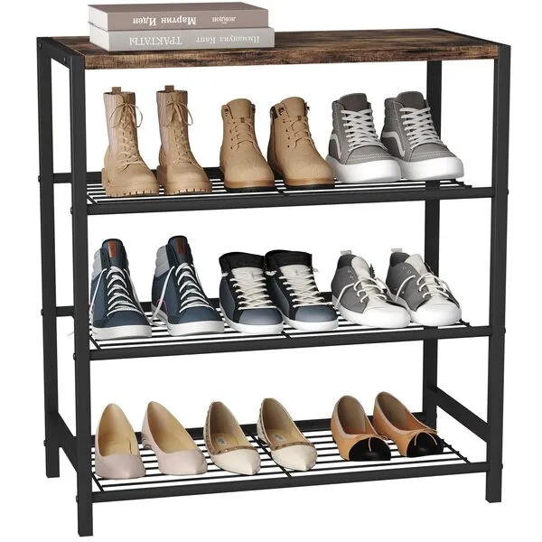 HOMEFORT 4-Tier Metal Shoe Rack, All-Metal Shoe Tower,Shoe Storage Shelf with MDF Top Board,Each Tier Fits 3 Pairs of Shoes,Entryway Shoes Organizer with Sturdy Metal Shelves .Rustic Brown