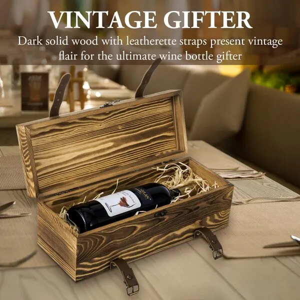 MyGift Vintage Brown Wood Single Wine Bottle Holder Gift Box with Leatherette Buckle Straps and Locking Latch
