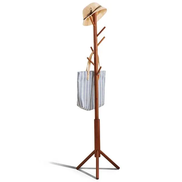 FILWH Bamboo Coat Rack Freestanding Coat Rack Tree Adjustable with 3 Sections & 8 Hooks Coat Hanger Stand for Bedroom Hallway Entryway Bedroom(Brown)
