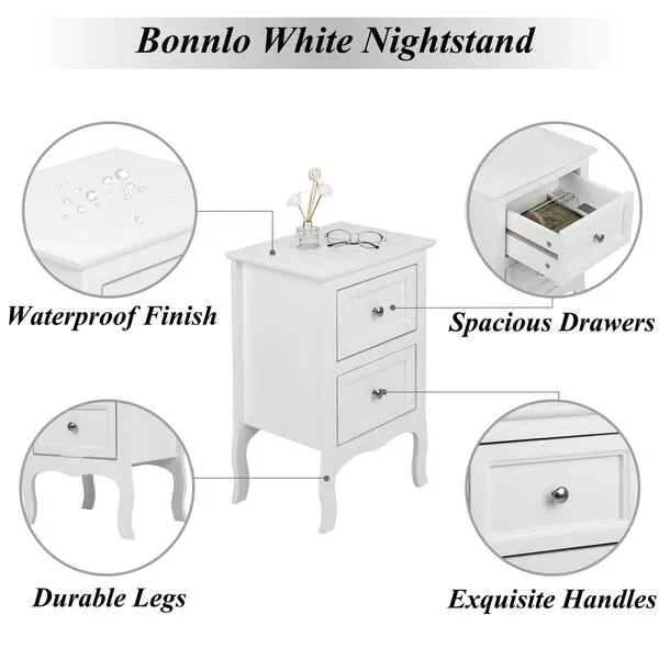 Bonnlo White Nightstand Set of 2, Nightstands with 2 Drawers, Bed Side Table/Night Stand, Small Nightstand for Bedroom, Small Spaces, College Dorm, Kids’ Room, Living Room, Wood, 16W x 12D x 24H