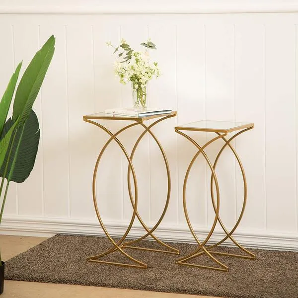 Glitzhome Nesting Side Tables, Set of 2 End Tables with Metal Frame & Tempered Glass Top, Coffee Tables Decorative Accent Tables for Bedroom, Living Room, Home Office - Golden