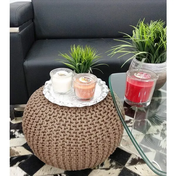 FRELISH DECOR Round Pouf Ottoman Hand Knitted 100% Cotton Pouf Foot Stool - Knitted Bean Bag - Floor Chair for Living Room Bedroom - Foot Rest for Couch (20 Diameter x 14 Height) - Taupe