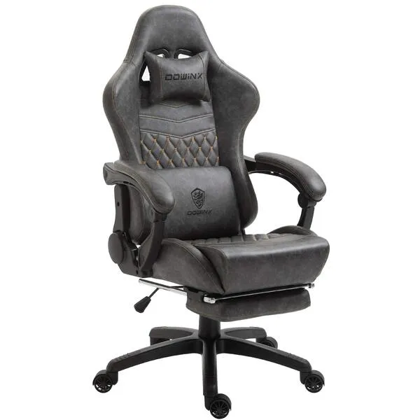 Dowinx Gaming Office, PC with Massage Lumbar Support, Vintage Style PU Leather High Back Adjustable Swivel Task Chair with Footrest (Light Grey)