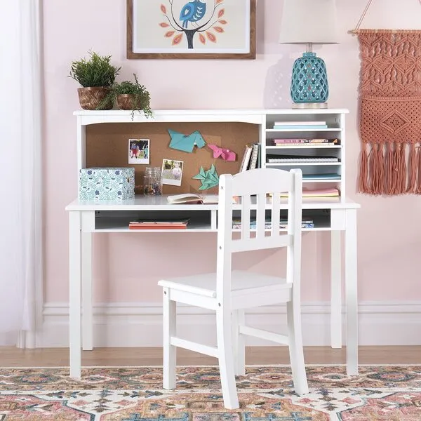 Guidecraft Children’s Media Desk and Chair Set – White: Kids Study Computer Desk with Hutch and Storage, Wooden Kids Bedroom Furniture, Adjustable Shelves Writing Table with Corkboard