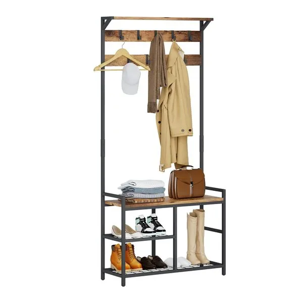 HOMEKOKO Coat Rack Shoe Bench, Hall Tree Entryway Storage Bench, Wood Look Accent Furniture with Metal Frame, 3-in-1 Design (Rustic Brown)