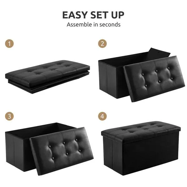 YOUDENOVA 30 inches Folding Storage Ottoman, 80L Storage Bench for Bedroom and Hallway, Faux Leather Black Footrest with Foam Padded Seat, Support 350lbs
