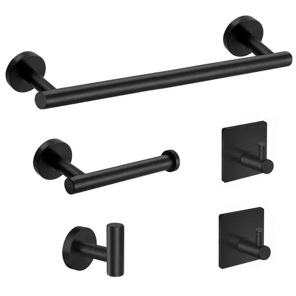 Tudoccy 5-Pieces Matte Black Bathroom Hardware Set SUS304 Stainless Steel Round Wall Mounted - Includes 16