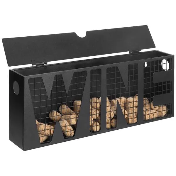 MyGift Wall Mounted Black Metal Wine Cork Holder Decor, Decorative Corks Box, Storage Bin with Top Lid and WINE Cut Out Design