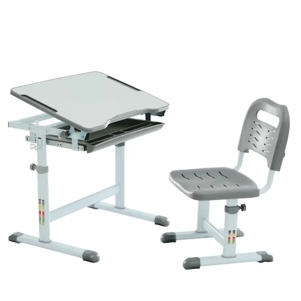 Diroan Kids Multifunctional Desk and Chair Set, Height Adjustable Children School Study Desk with Large Tilt Desktop, Metal Hook and Storage Drawer for Boys Girls, Grey