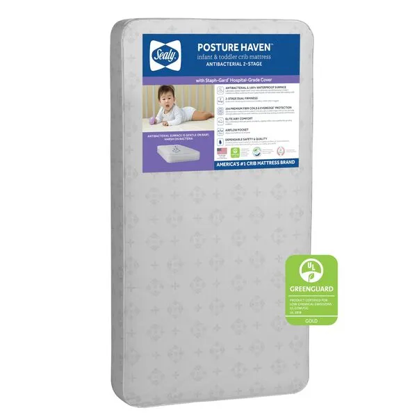 Sealy Baby Posture Haven Orthopedic Antibacterial 2-Stage Dual Firm Waterproof Baby Crib Mattress & Toddler Bed Mattress, Non-Toxic, Air Quality Certified, 182 Premium Coils, Made in USA, 52