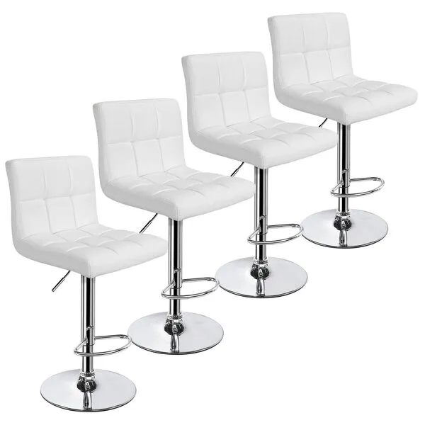 Yaheetech Bar Stools Set of 4, PU Leather Adjustable Swivel Barstools, Modern Armless Bar Chairs with Bigger Base, Thickened Seat Cushion, Square Island Barstools for Kitchen Island, White