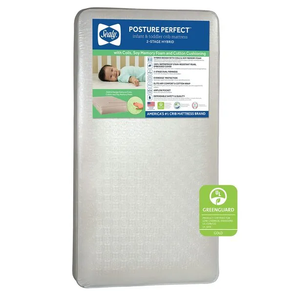 Sealy Baby Posture Perfect 2-Stage Waterproof Baby Crib Mattress and Toddler Bed Mattress - Hybrid Memory Foam & 150 Premium Coils - Made in USA, 52\