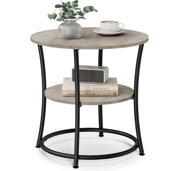 VASAGLE Side Table, Round End Table with 2 Storage Shelves for Living Room, Bedroom, Nightstand with Steel Frame for Small Spaces, Outdoor Accent Coffee Table, Greige and Ink Black