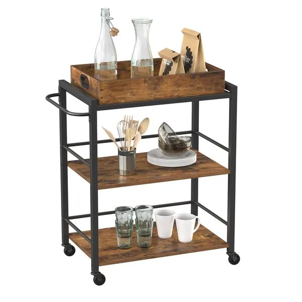 VASAGLE Kitchen Serving Cart with Removable Tray, 3-Tier Kitchen Utility Cart on Wheels with Storage, with Brakes, Leveling Feet, 15.7 x 28.3 x 33.9 Inches, Rustic Brown and Black ULRC72X
