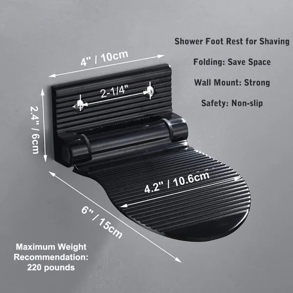 MDPLY Shower Foot Rest for Shaving Legs, Wall Mounted Foot Stool for Shower, Black Metal Folding Foot Stand for Shower, Hotel Bathroom Shower Step for Shaving (Black)