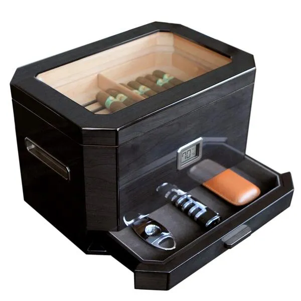 CASE ELEGANCE Large Octodor Black Cedar Humidor with Digital Hygrometer, Humidification System and Accessory Drawer - Can Hold (50-100 Cigars)