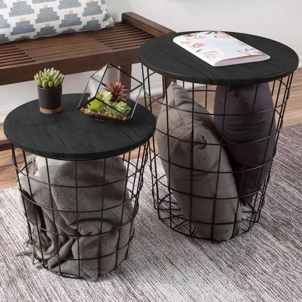 Set of 2 Round Nesting Wire Basket End Tables with Storage for Home, Playroom, and Office by Lavish Home (Black)
