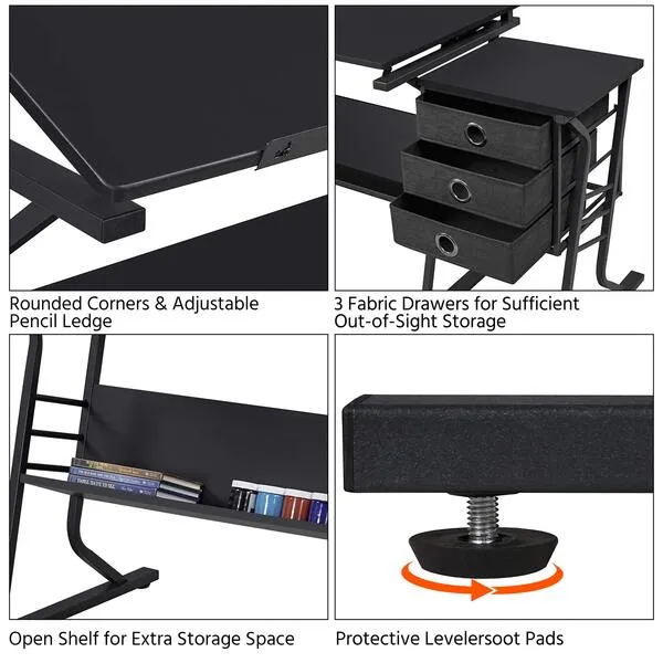 Topeakmart Height Adjustable Drafting Table Art Craft Desk Work Station Hobby Design Studio Tiltable Tabletop Drawing Desk with Stool & Storage Drawers