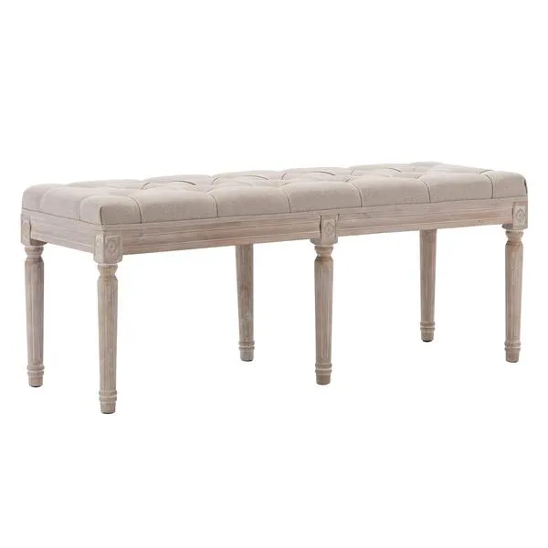 Kmax Upholstered Dining Room Bench, Rustic Living Room Ottoman Bench with Carved Pattern & Rustic White Brushed Rubber Wood Legs, Beige