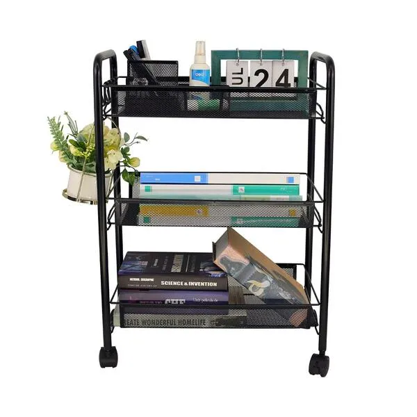 OVICAR Mesh Wire 3 Tier Rolling Cart, Kitchen Storage Utility Cart, Multifunction Basket Stand for Bathroom, Full Metal Storage Art Trolley Carts with Wheels & 4 Side Hooks (Black)