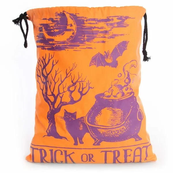 Halloween Trick or Treat Candy Bag | Washable Canvas Tote Bag | Drawstring Bag for Halloween Candy | Cauldron