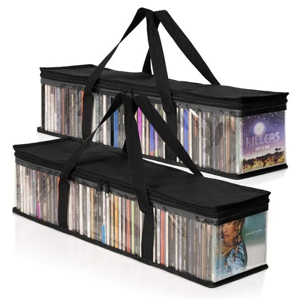 Besti CD Storage Bags - 2-Pack Clear Plastic Holder Case for Music Disc - Sturdy Stitched, Strong Handle, Fits 96 Albums & Movies - Portable Carrying Organizer for Travel, Underbed, Or Cabinet (Black)