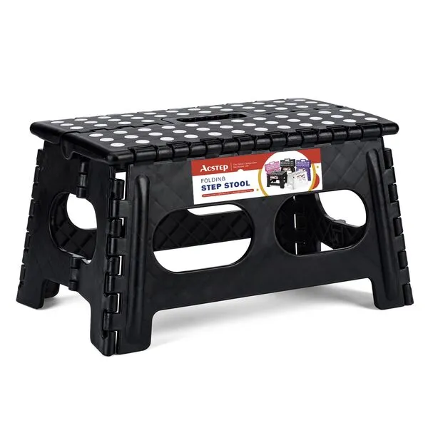 ACSTEP Folding Step Stool,15-Inch Extra Wide 9Inch Height Heavy Duty Stepping Stool More Safe and Comfortable Non Slip Foldable Step Stool for Kids and Adults Black