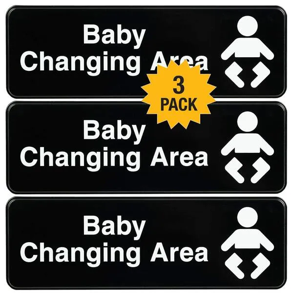 Excello Global Products Baby Changing Station Sign: Easy to Mount Informative Plastic Sign with Symbols 9x3, Pack of 3 (Black)
